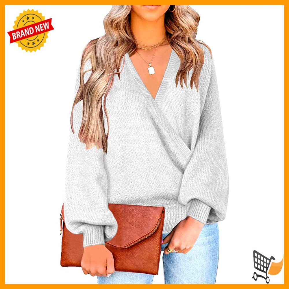 Knit Long Sleeve Faux Wrap Surplice V Neck Sweater Top Oversized Fit